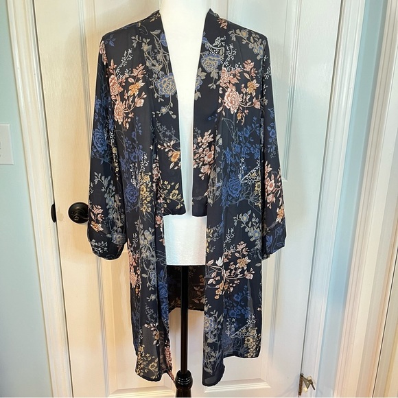 Tahari Women’s Blue/Yellow/Pink Floral Kimono Duster Top L/XL Swim Cover Up - Picture 2 of 11